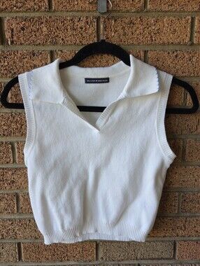 Brandy Melville White Knit Cropped Polo Sweater Vest Blue Stitching Fall Layer